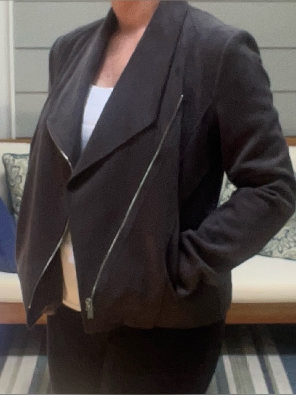 Tahari Dark Grey Asymmetrical Zip Ultra suede Moto Jacket